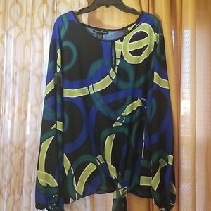 Ashley Stewart Blue and Green Graphic Tie Front Blouse